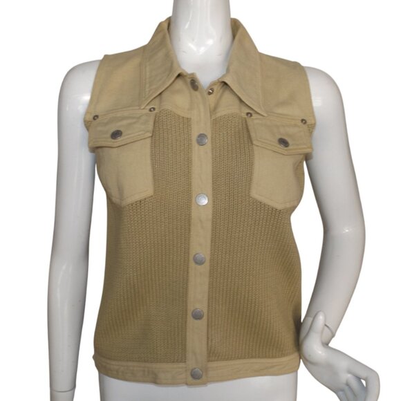 Vintage Knit/Denim Vest, S, Khaki Cotton, Snap Front/Collar, Real Pockets, Tan